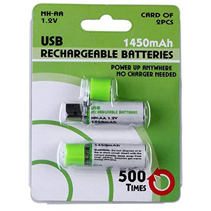 GreenEarth USB Rechargeable AA Batteries | 1450 mAh | Quick Charge USB Charger | 500 Cycles Reusable | NiMH Double A 1.2v (2 Pack)