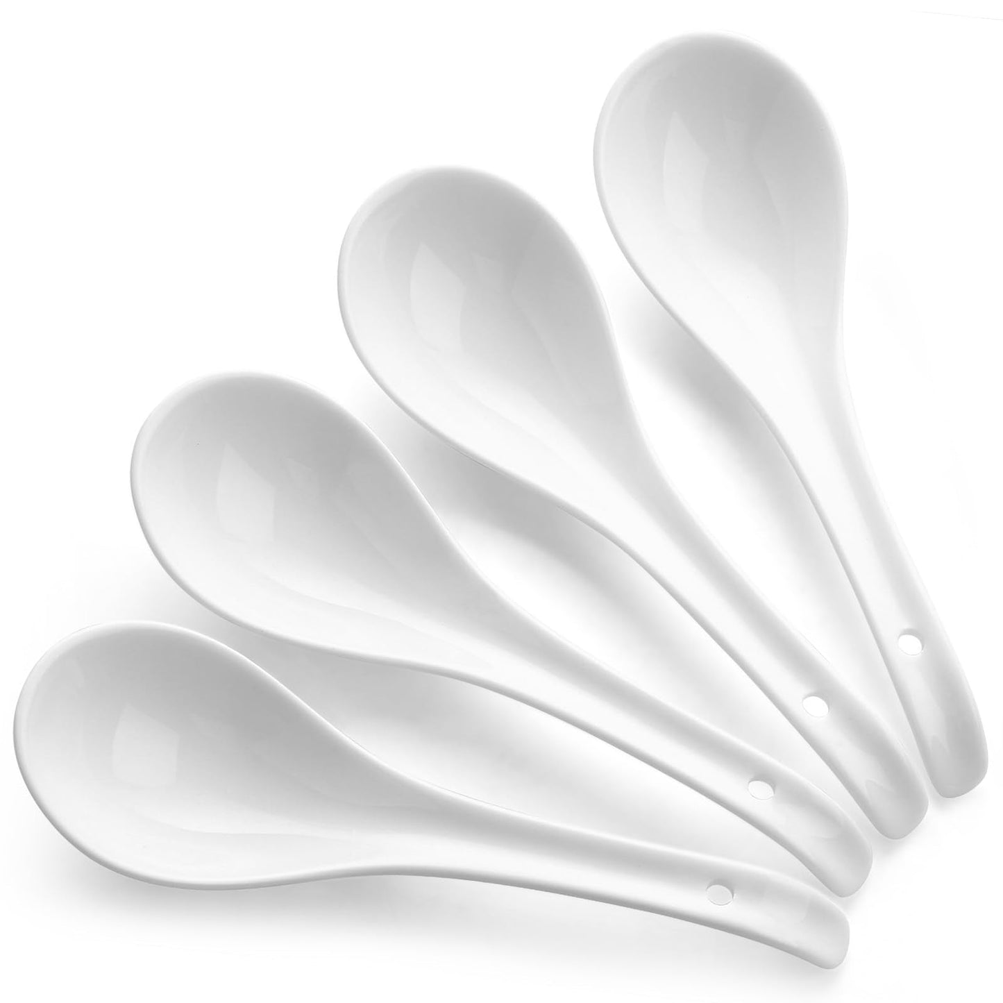 DOWAN Soup Spoons, Ceramic Asian Soup Spoons, White Japanese Spoon Large for Ramen Pho Wonton Dumpling Miso, Deep Oval Hook Design, Set of 4 (4, White)