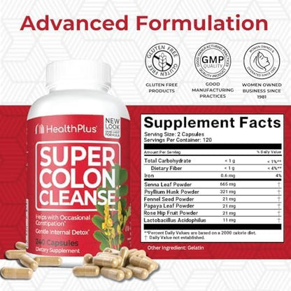 Health Plus Super Colon Cleanse 60 Day Supply of Gentle Gut Cleanse Detox, Psyllium Husk, Probiotics for Constipation Relief & Digestive Support, 240 Capsules