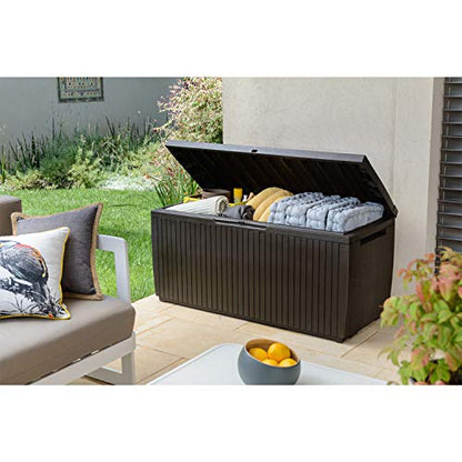Keter Springwood 80 Gallon Resin Outdoor Storage Box for Patio Furniture Cushions, Pool Toys, and Garden Tools with Handles, Brown
