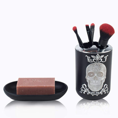 Halloween Bathroom Accessories Set 6 Piece Plastic Bathroom Ensemble Soap Dispenser Toothbrush Holder Tumbler Soap Dish Trash Can Toilet Brush Holder for Decorative Countertop Housewarming Gift(Black)