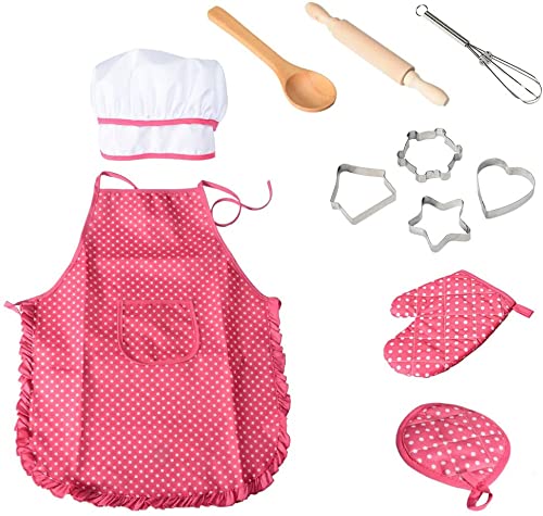 Acekid Chef Set for Kids,11pcs Kitchen Costume Role Play Kits, Girls Apron with Chef Hat,Cooking Mitt and Cookie Cutters (Rose red)