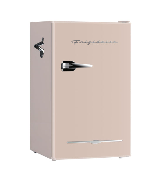 Frigidaire Retro Compact Fridge with Chiller, 3.2 cu ft Countertop Fridge with Built-In Bottle Opener, Compact Refrigerator for Office, Bedroom, Dorm Room or Cabin - 16.5" D x 19" W x 31" H (Coral)
