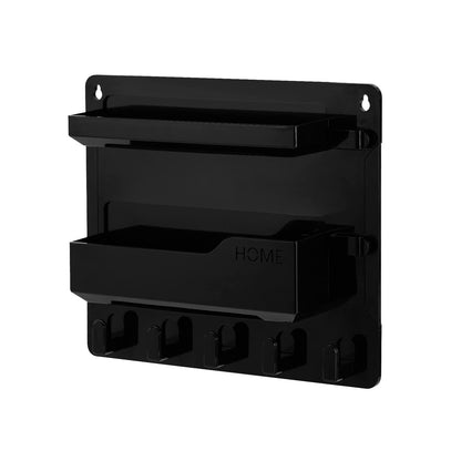 JUMEIHUI Wall Mount Shelf Organizer, Adhesive Bedside Shelf Accessories with Hooks and Cable Clips, Dorm Room Wall Storage for Phone, Remote, Earphone, Kindle, Plastic(Black)