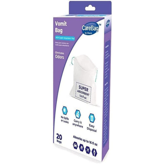 Cleanis The Original Carebag Emesis Bag with Super Absorbent Pouch- Absorbs 16 oz, No More Leaks and Splashes- Single Use- Reduces Odors- Easy Disposal, 20 Vomit Bags