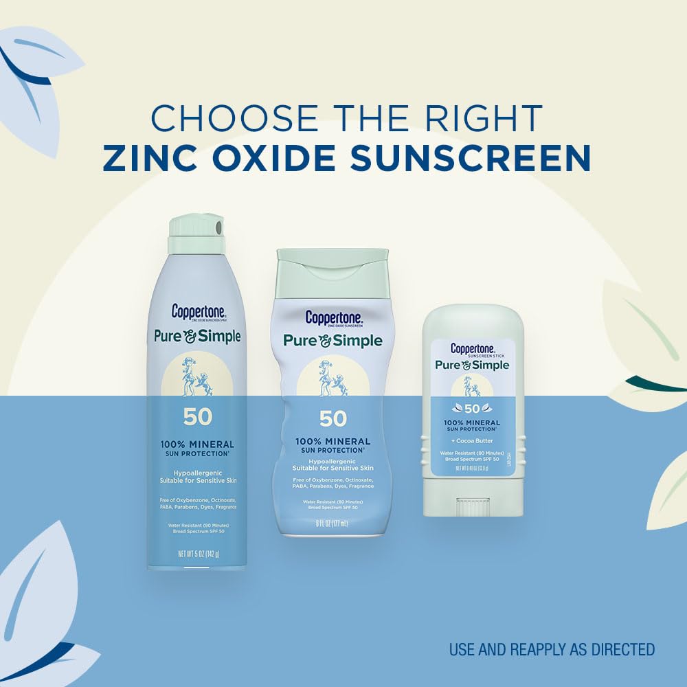 Coppertone Pure and Simple Zinc Oxide Mineral Sunscreen Lotion SPF 50, Water Resistant Sunscreen for Sensitive Skin, Hypoallergenic and Fragrance Free, 6 Fl Oz Bottle
