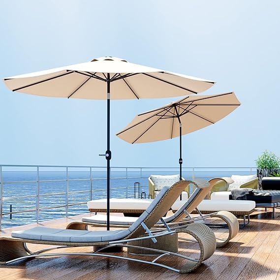 Greesum 9FT Patio Umbrella with Push Button Tilt and Crank, Outdoor Table Umbrella with 8 Sturdy Ribs, Market Table Parasol for Garden, Lawn, Backyard & Pool, Without Base, Beige