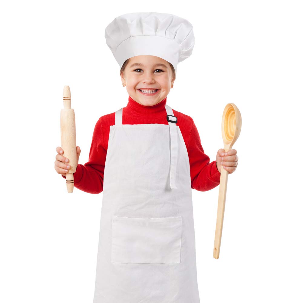 CRJHNS Kids Apron and Chef Hat Set, Adjustable Cotton Child Aprons with Large Pocket White Girls Boys Kitchen Bib Aprons for Cooking Baking Painting