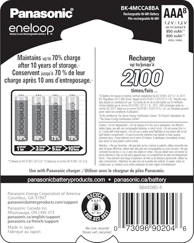 Eneloop Panasonic BK-4MCCA8BA AAA 2100 Cycle Ni-MH Pre-Charged Rechargeable Batteries, 8-Battery Pack