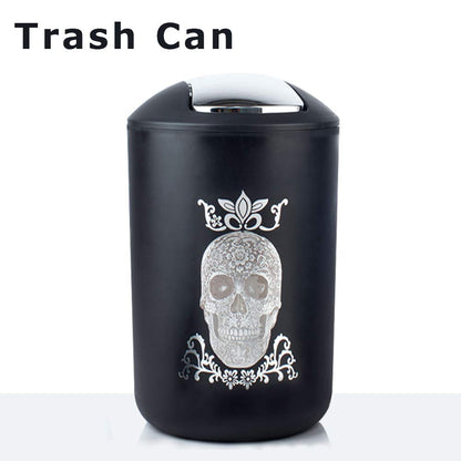 Halloween Bathroom Accessories Set 6 Piece Plastic Bathroom Ensemble Soap Dispenser Toothbrush Holder Tumbler Soap Dish Trash Can Toilet Brush Holder for Decorative Countertop Housewarming Gift(Black)