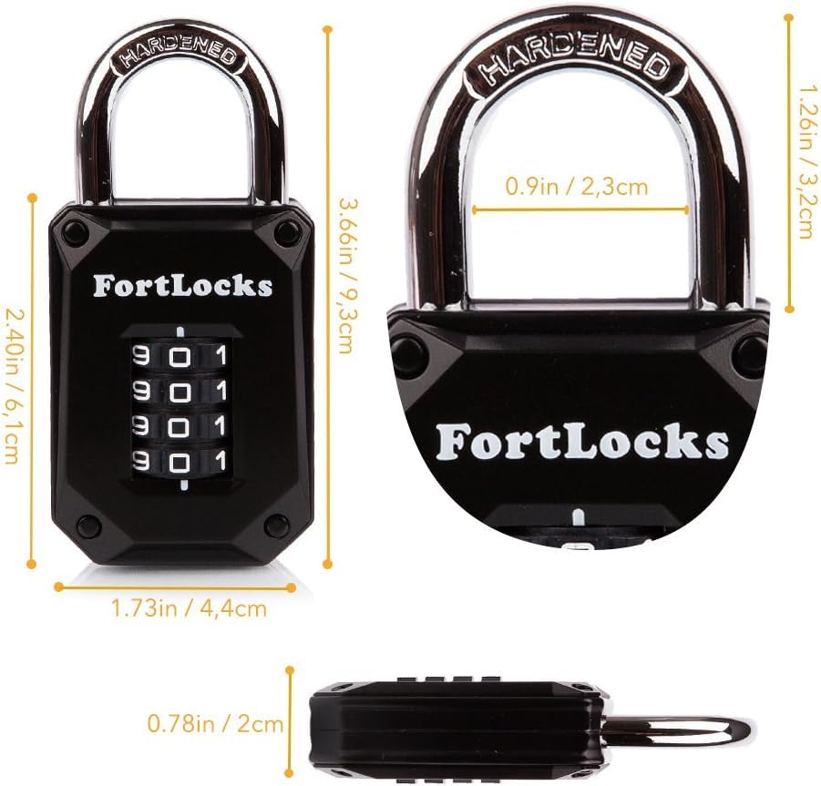 FortLocks Gym Locker Lock - 4 Digit, Heavy Duty, Hardened Stainless Steel, Weatherproof and Outdoor Combination Padlock - Easy to Read Numbers - Resettable and Cut Proof Combo Code - 1 Pack Black