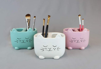 Isaac Jacobs White Ceramic Cat Makeup Brush Holder, Multi-Purpose 2-Section Organizer. Bathroom, Kitchen, Bedroom, Office Décor (2-Section Cup, Pastel White)