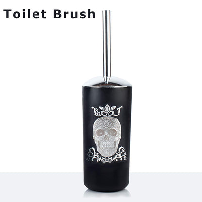 Halloween Bathroom Accessories Set 6 Piece Plastic Bathroom Ensemble Soap Dispenser Toothbrush Holder Tumbler Soap Dish Trash Can Toilet Brush Holder for Decorative Countertop Housewarming Gift(Black)
