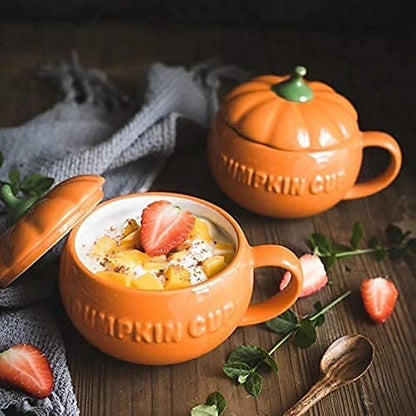 Eplze YBK Tech Cute Pumpkin Cup, Ceramic Coffee Mug, Tea Cup with Lid (8.5oz)