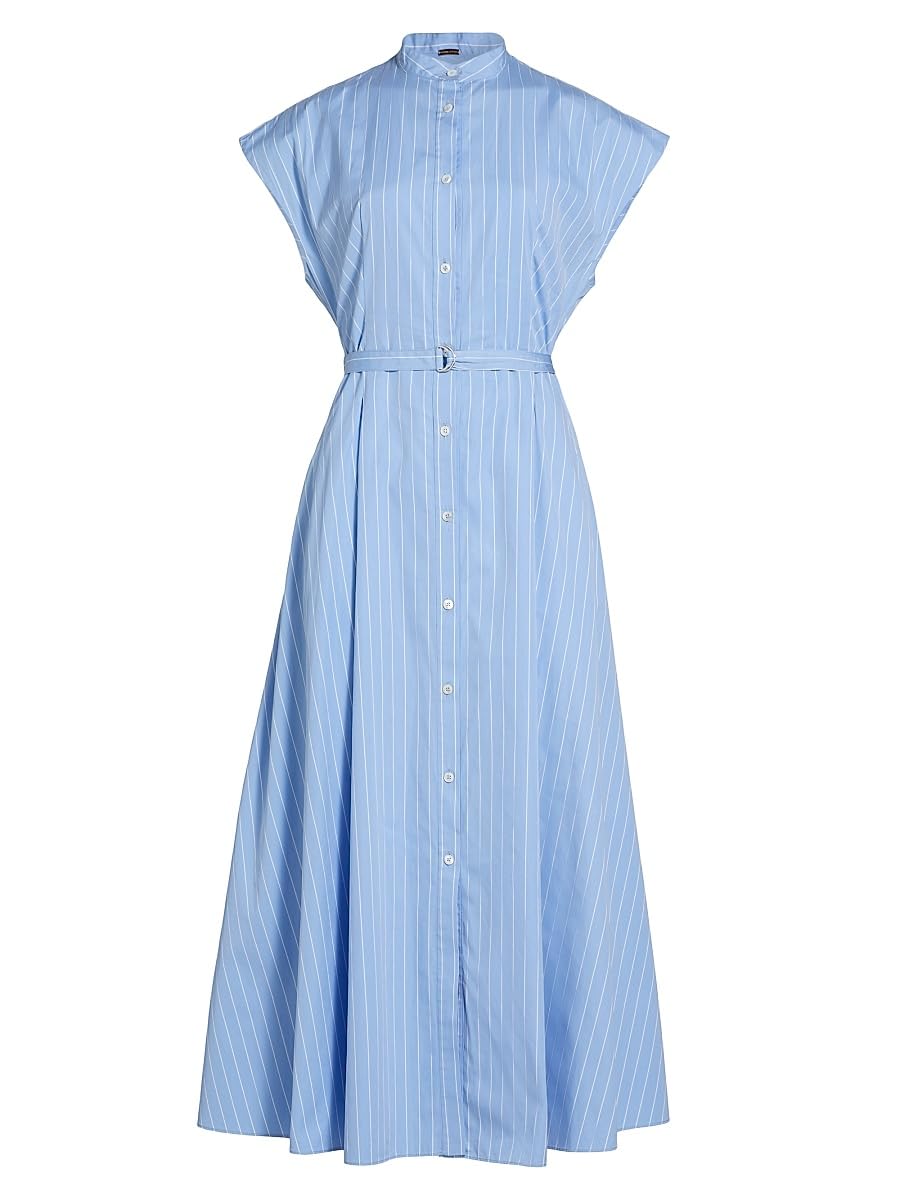 Adam Lippes, Dejeuner Poplin Belted Shirtdress, 6, Pale Blue White