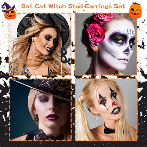 24 Pairs Halloween Earrings for Women Bat Witch Cat Earrings Set Spider Web Pumpkin Skull Dangle Earring Halloween Jewelry Accessories Costumes