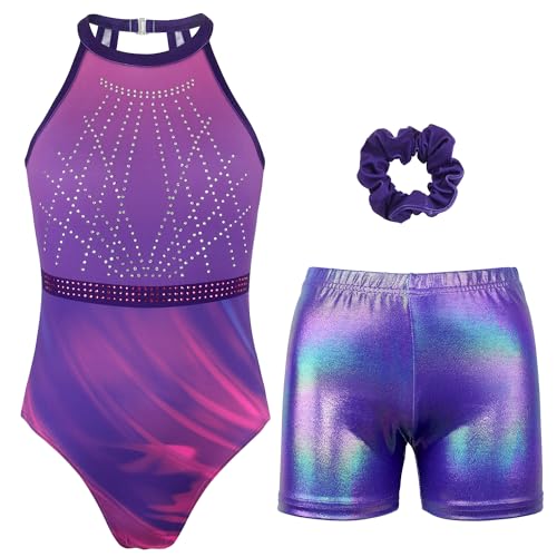 JOYSTREAM Gymnastics Leotards for Girls With Shorts Sparkly Ballet Dance Clasp Back Activewear Rainbow Purple,8-9Years