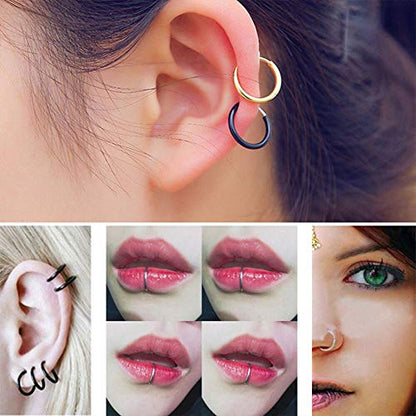 FECTAS 8pcs Fake Nose Lip Earring Ring Hoop Stainless Steel Non Pierced Clip On Piercing Body Jewellery