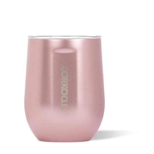 Corkcicle Luxe Collection 12 Oz Triple Insulated Stainless Steel Stemless Travel Cup with Lid & Silicone Bottom for Hot and Cold Drinks, Rose Metallic