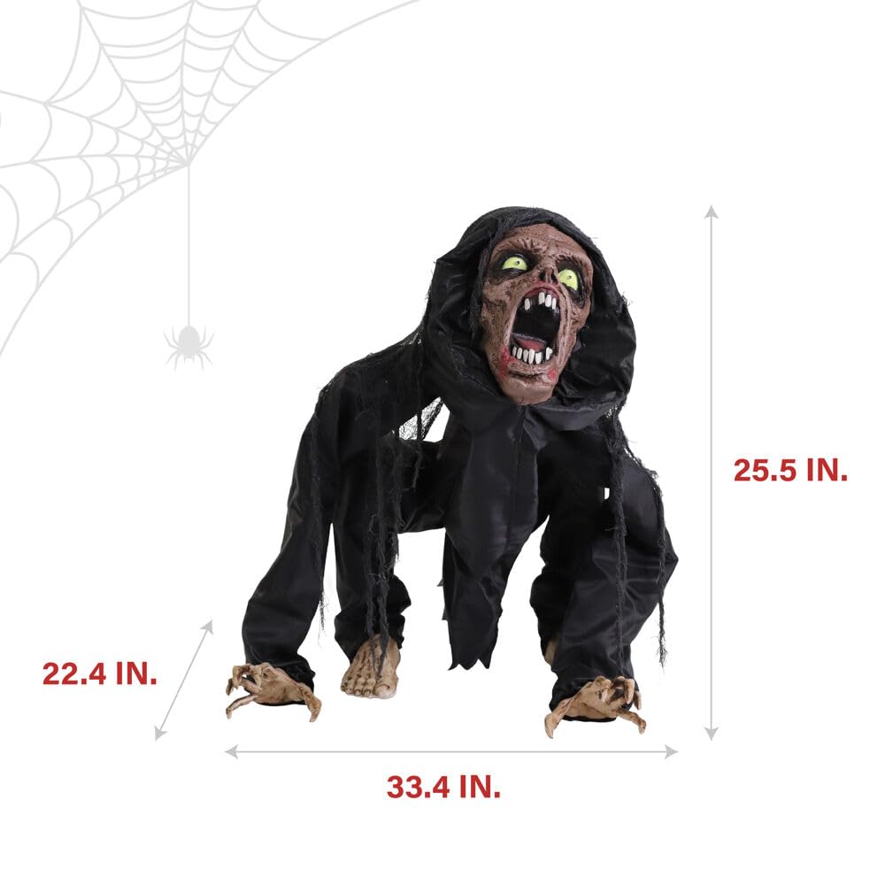 Haunted Hill Farm Scary Crouching Zombie, Halloween Animatronic with Touch Activated Lights and Sounds, Battery Operated Indoor or Covered Outdoor Halloween Decorations, Creepy Halloween Props