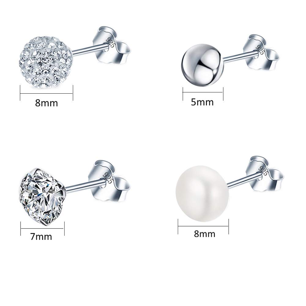 Epoch World 925 Sterling Silver Earrings Set 4 Pairs Silver Stud Earrings for Women Men Hypoallergenic Studs Womens Earrings Mens Ball Earrings Pearl Earrings Diamond Studs Earrings for Teen Girls