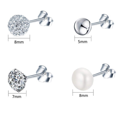 Epoch World 925 Sterling Silver Earrings Set 4 Pairs Silver Stud Earrings for Women Men Hypoallergenic Studs Womens Earrings Mens Ball Earrings Pearl Earrings Diamond Studs Earrings for Teen Girls