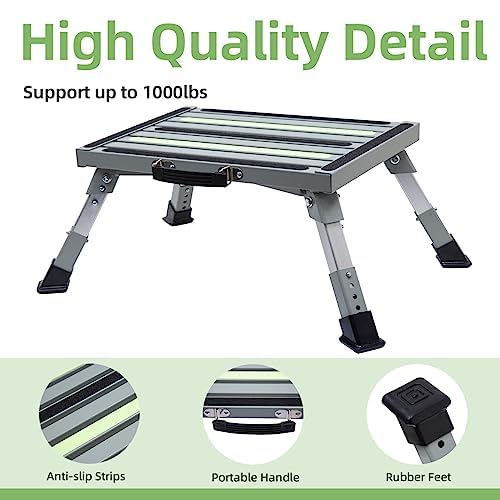GarfatolRv Iron RV Steps, 4-Level Adjustable Folding Step Stool with Non-Slip Rubber Feet, Non-Slip Fluorescent Strip Platform Rv Accessories, Supports Up to 1000 lbs - Gray