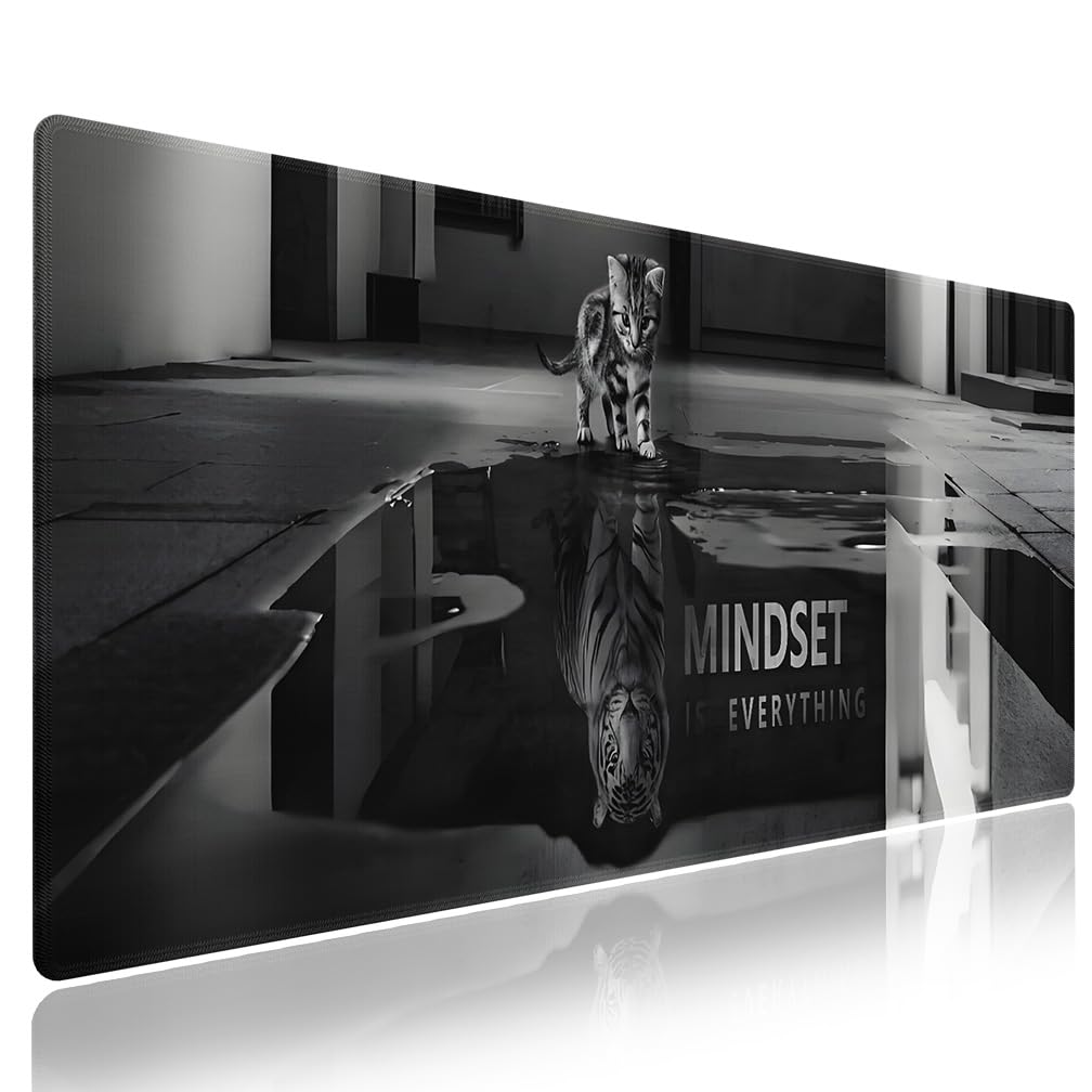 Extended XXL Gaming Mouse Pad with Stitched Edges for Home & Office - Mindset is Everything Inspirational Quote & Cute Cat Funny Tiger Reflection, Smooth Fabric Surface Anti-Slip Base Large Desk Mat