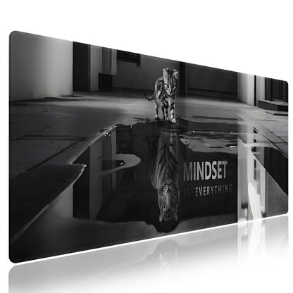 Extended XXL Gaming Mouse Pad with Stitched Edges for Home & Office - Mindset is Everything Inspirational Quote & Cute Cat Funny Tiger Reflection, Smooth Fabric Surface Anti-Slip Base Large Desk Mat