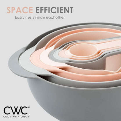 COOK WITH COLOR Nesting Bowls with Measuring Cups Colander and Sifter Set - Includes Mixing Bowls, Colander, Sifter and Measuring Cups, Pink, 8 Pc Bowl