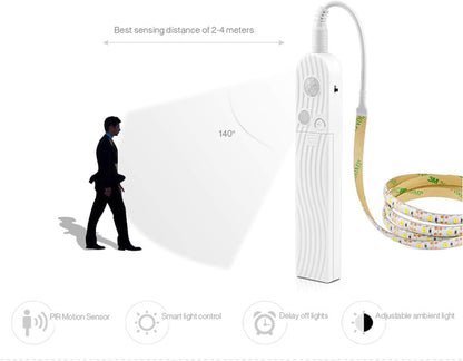FOLGEMIR 1 m LED Strip with Motion Sensor, Battery Operated Night Light with PIR Sensor, Waterproof Cabinet Lighting, Self-Adhesive Fairy Lights (3000 K Warm White, 1 m)