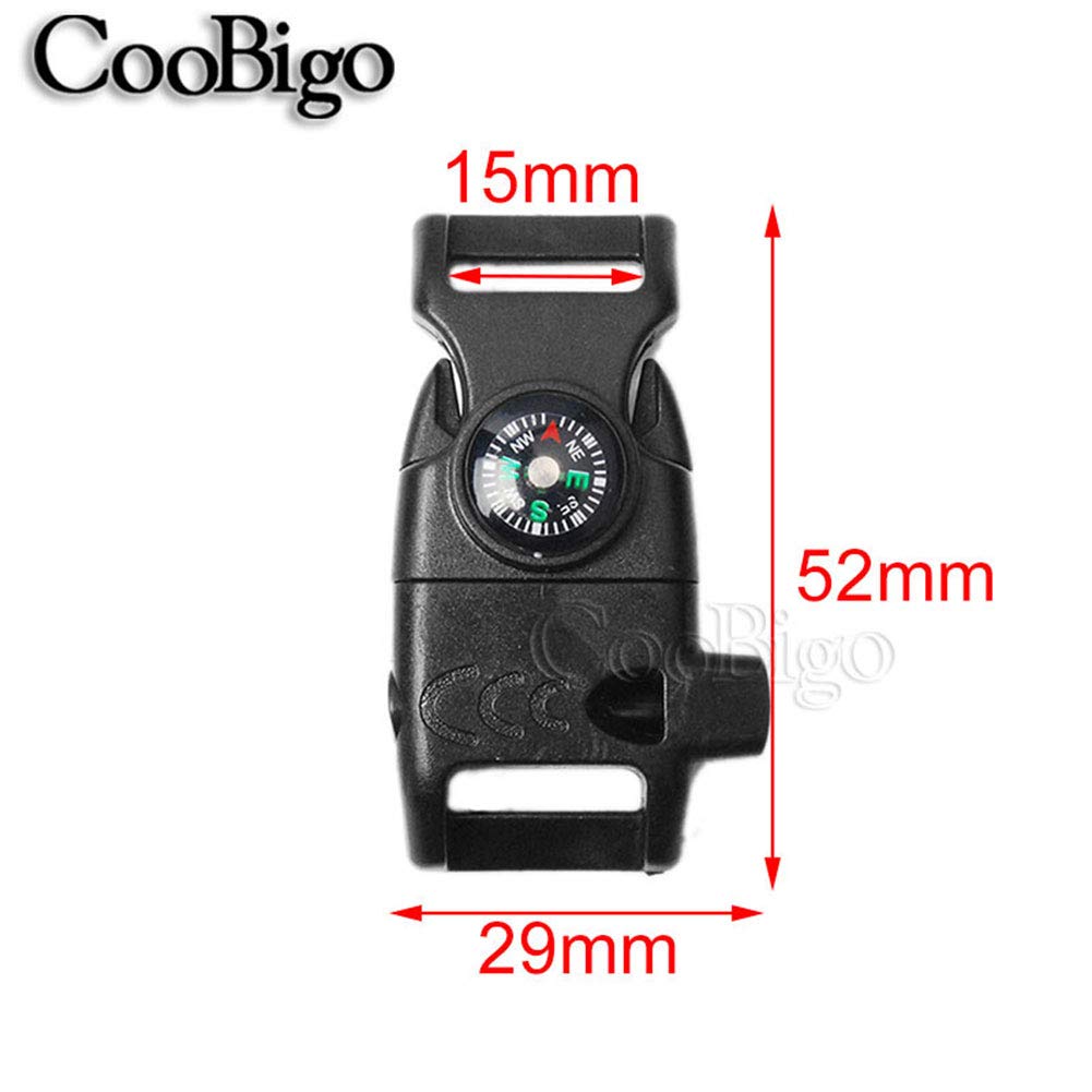 10pcs Pack Black 5/8" Compass Flint Scraper Fire Starter Whistle Buckle Plastic Paracord Bracelet Outdoor Camping Emergency Survival Travel Kits #FLC158-FWC(Black)