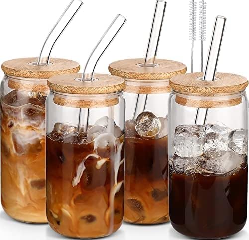 DWTS DANWEITESI Glass Cups with Lids and Straws 4 pcs,16oz Drinking Glasses Set for Coffee Bar Accessories Iced Coffee Cups with Lids,Glass Tumbler Reusable for Gifts