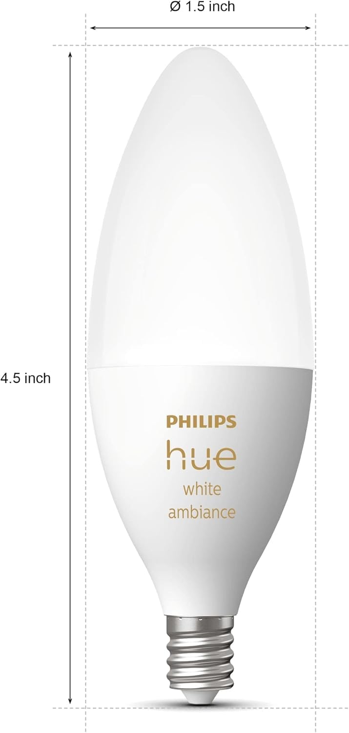 Philips Hue 40W B39 Candle-Shaped Smart LED Light Bulbs - Warm-to-Cool White Ambiance - 4 Pack - 450LM - E12 - Indoor - Control with Hue App - Works with Voice Assistants