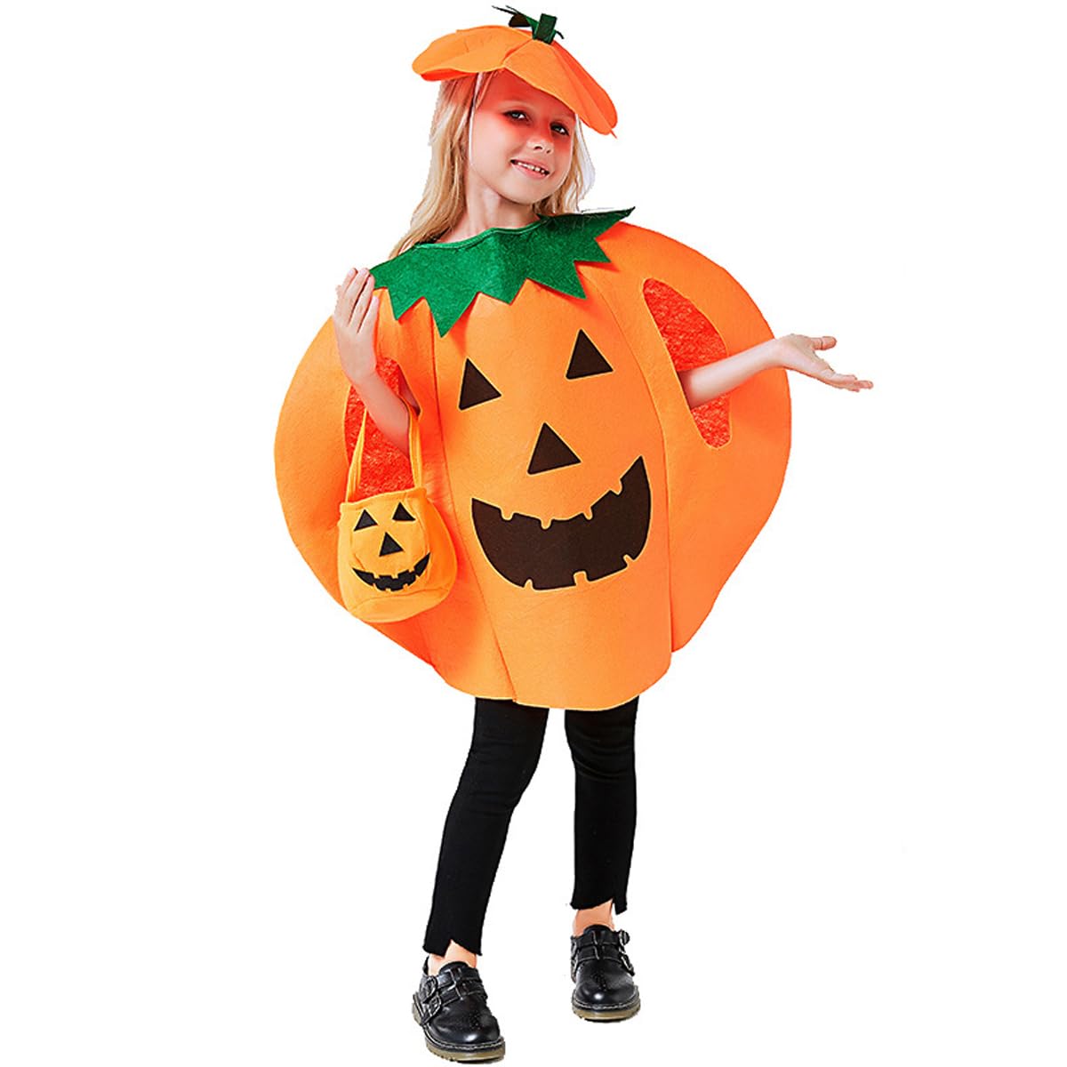 CLOOOUDS 3PCS Halloween Pumpkin Costume for Kids Children Halloween Pumpkin Cosplay Party Clothes With A Hat,A Bag