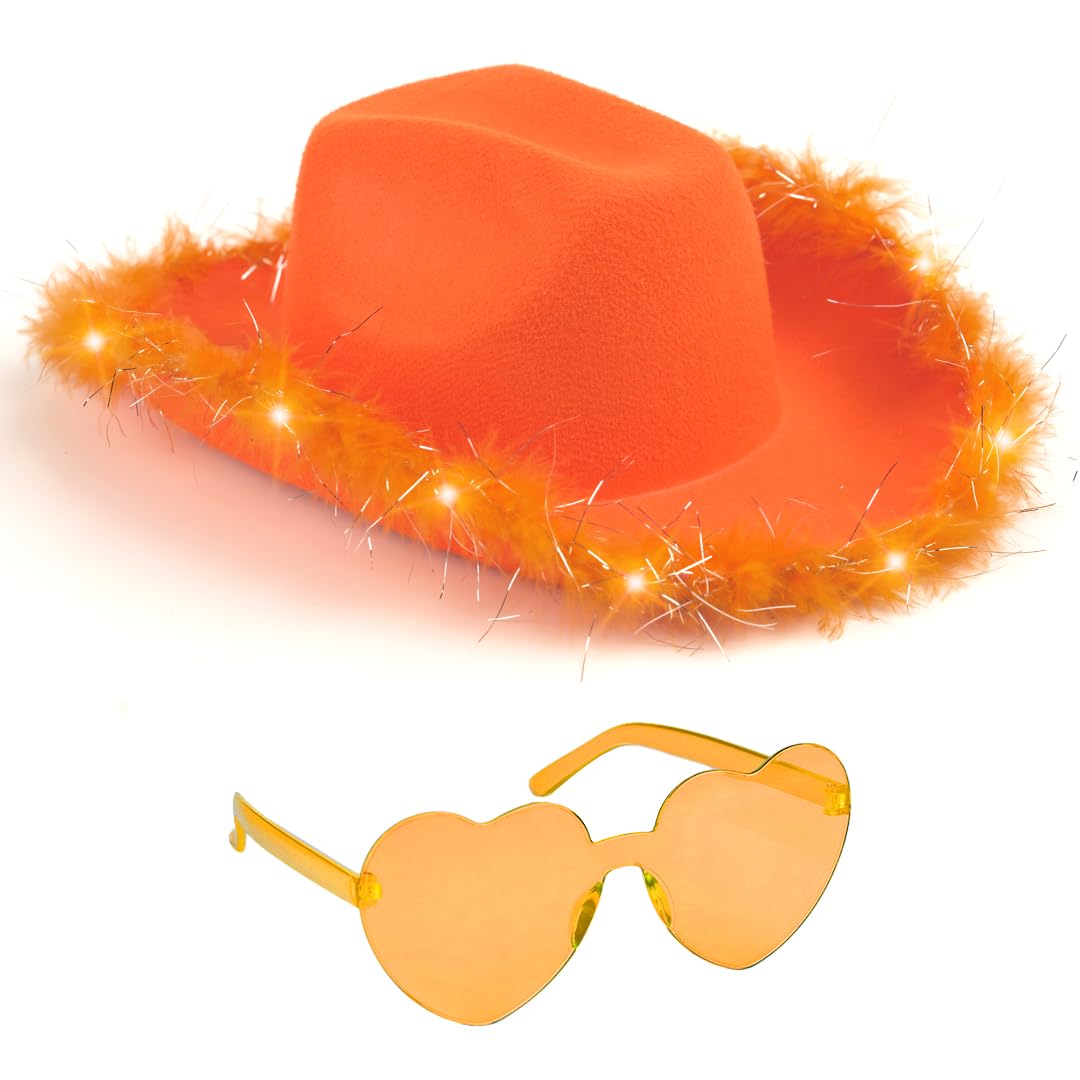 Funcredible Orange Cowboy Hat and Glasses - Light Up Cowgirl Hat for Girls - Cowboy Hats with Feathers - Halloween Hats for Women