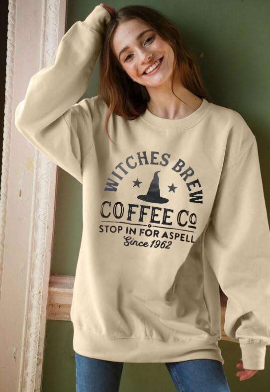 Halloween Sweatshirts for Women Witches Brew Sweatshirt Funny Spooky Season Sweatshirt Ghost Fall Sweater Pullover Tops Apricot