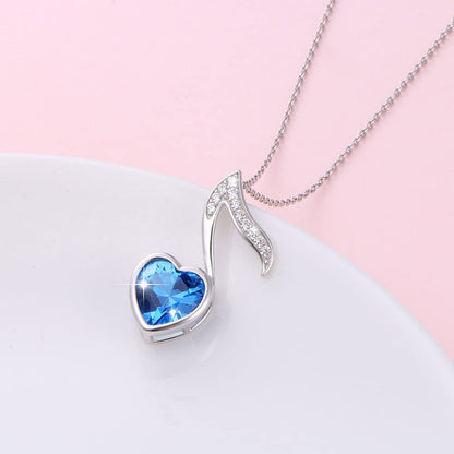 DAOCHONG Musical Jewelry 925 Sterling Silver Blue Cubic Zirconia Quaver Music Note Heart Pendant Necklace for Women Music Lover Gifts