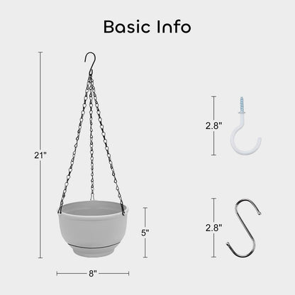 GROWNEER Plastic Hanging Planter 2 Packs 8 Inch Self Watering Pots Plants Hanger Baskets with 6 Pcs Hooks, Flower Pot with Detachable Base for Garden Indoor Outdoor (Grey)