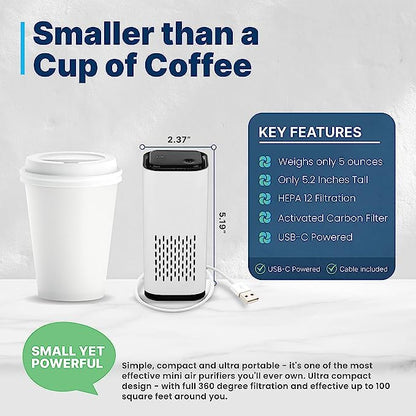 KIKI PURE A1 2021 Mini HEPA USB-C Powered Air Purifier. Ultra Portable (5.2in tall, 6.7 ounces), Ultra Quiet. for Travel, In-Car and Desktop (White) - 2 pcs