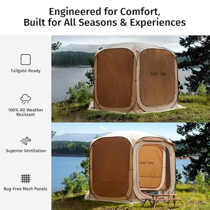 East Oak 12×12 FT Pop Up Canopy Tent with Mesh | Outdoor Screen House with 4 Sunshades | Instant Canopy with Portable Carry Bag | Gazebo Tent for Camping, Patio, and Beach | Beige