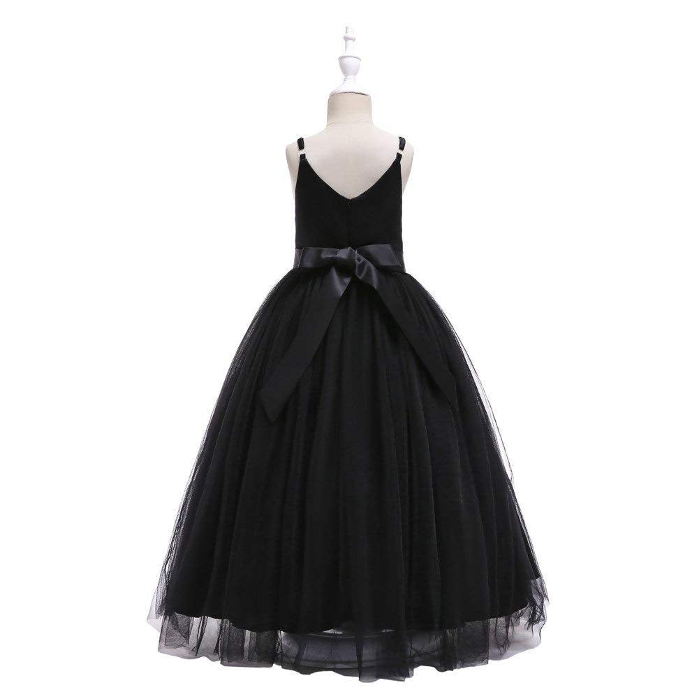Glamulice Kids Funeral Flower Girls Black Dress Lace Bridesmaid Long A Line Wedding Pageant Dresses Tulle Spaghetti Strap Party Gown Christmas Holiday Evening Prom Princess Birthday Gown 11 12