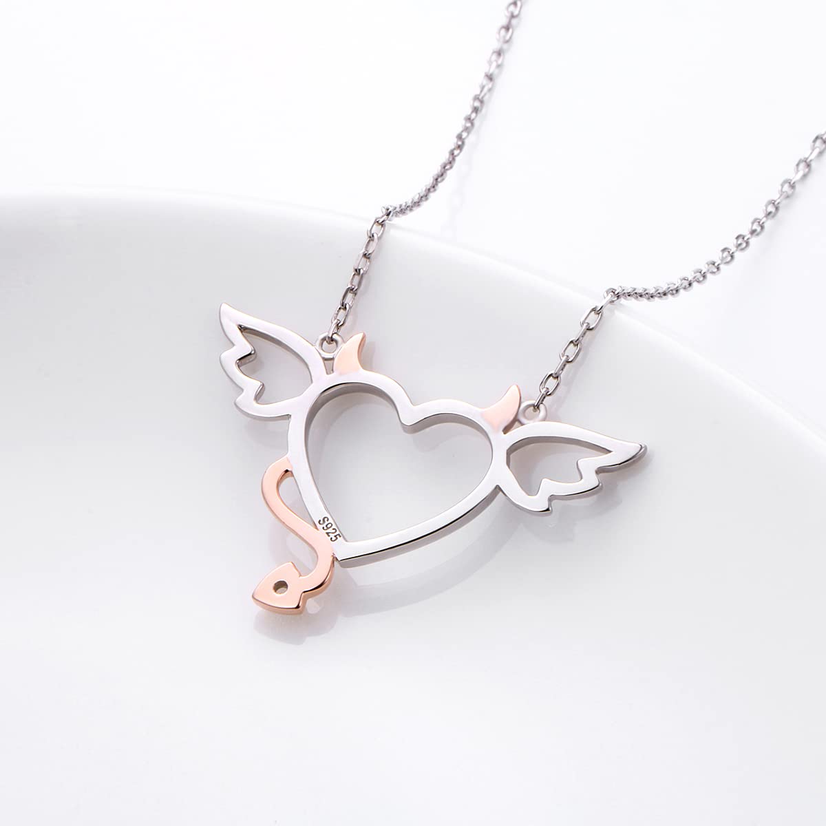 DAOCHONG Halloween Two-Tone 925 Sterling Silver Devil Heart with Wings Pendant Necklace for Women, 18 inches