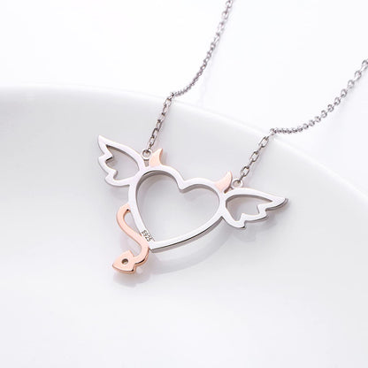 DAOCHONG Halloween Two-Tone 925 Sterling Silver Devil Heart with Wings Pendant Necklace for Women, 18 inches