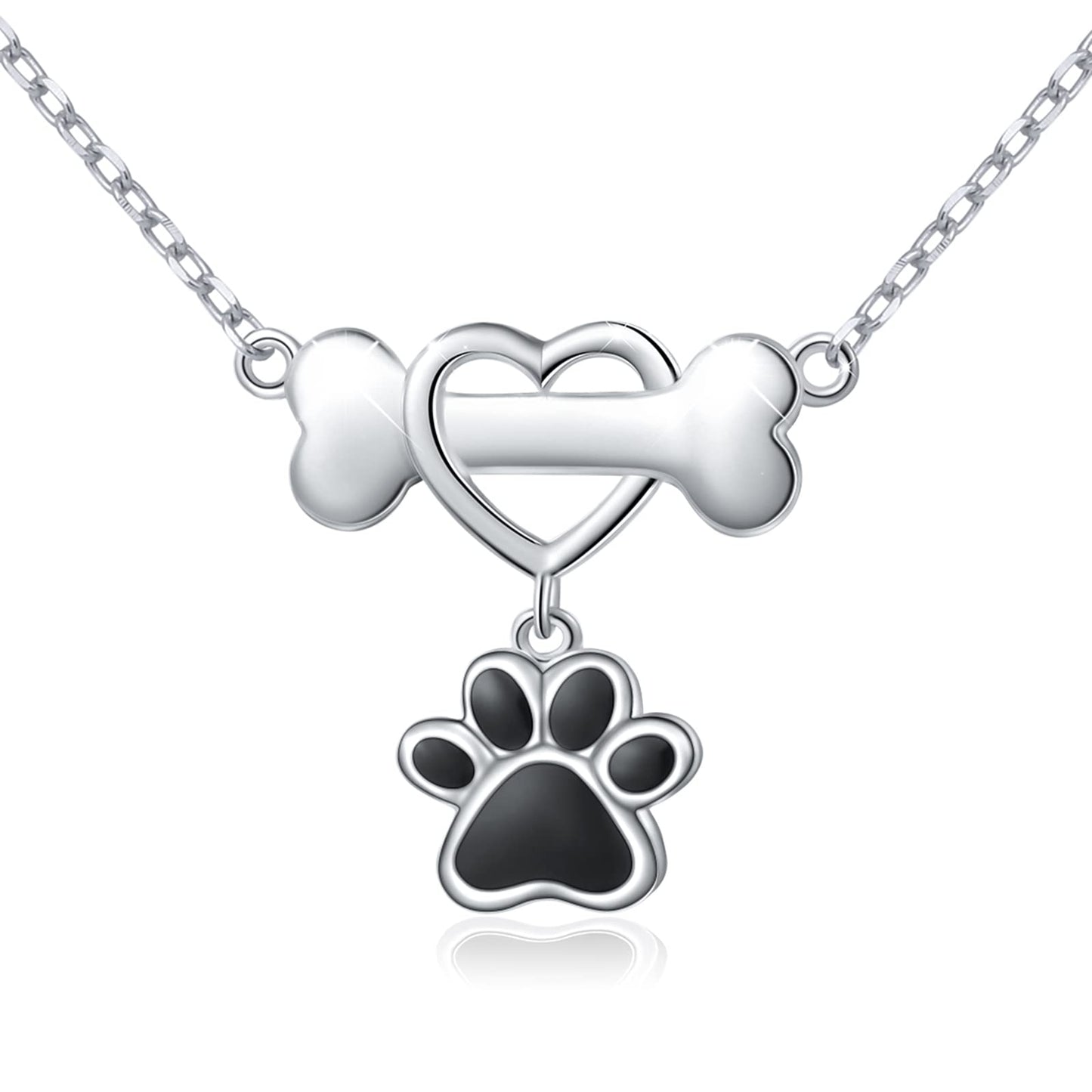 DAOCHONG 925 Sterling Silver Forever Love Heart Dog Bone with Puppy Paw Pendant Necklace for Women Dog Lover Jewelry Graduation Gifts