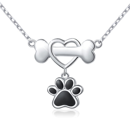 DAOCHONG 925 Sterling Silver Forever Love Heart Dog Bone with Puppy Paw Pendant Necklace for Women Dog Lover Jewelry Graduation Gifts