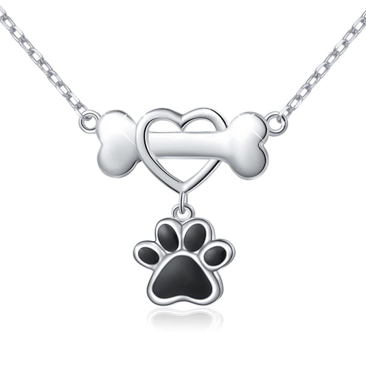 DAOCHONG 925 Sterling Silver Forever Love Heart Dog Bone with Puppy Paw Pendant Necklace for Women Dog Lover Jewelry Graduation Gifts