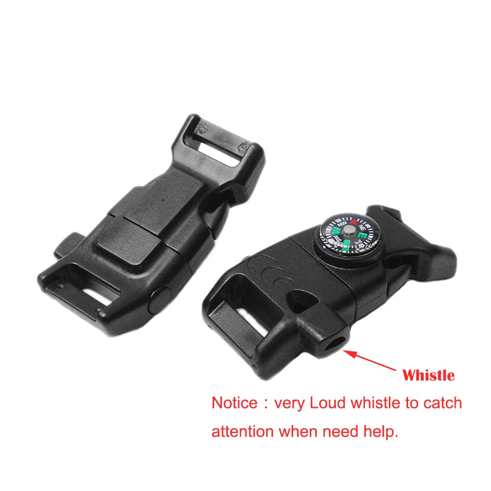 10pcs Pack Black 5/8" Compass Flint Scraper Fire Starter Whistle Buckle Plastic Paracord Bracelet Outdoor Camping Emergency Survival Travel Kits #FLC158-FWC(Black)
