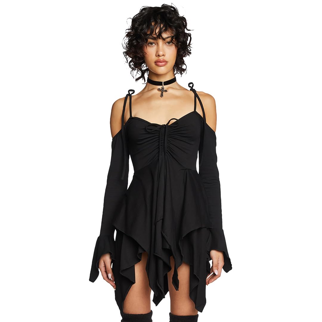 Dolls Kill F is for Fairies Handkerchief Dress by Current Mood - Off-Shoulder, Custom Fit Dress, Perfect for Fairycore Fashion - Black, Medium