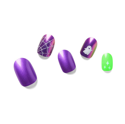 Halloween Semi Cured Gel Nail Strips - NAILOG 20 Pcs Nail Stickers Long Wraps with Glossy Gel Finishing for Autumn, Running Ghost